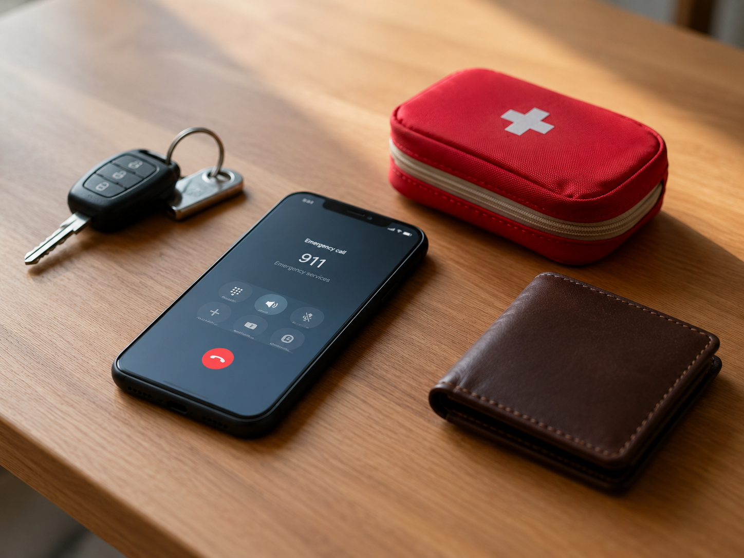 A smartphone on a wooden table beside car keys, a wallet, and a small first aid kit, suggesting emergency preparedness.